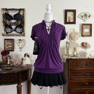 y2k vampy office siren purple ruffle babydoll top
